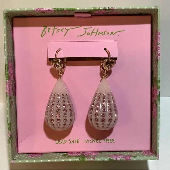Betsey Johnson Pink Crystal Teardrop Rhinestone Earrings New - Picture 3 of 5